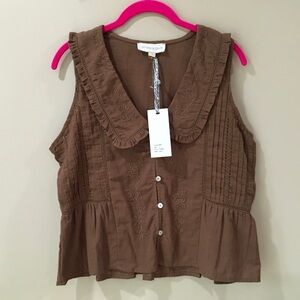 Jennifer & Grace Brown Embroidered Blouse Top Peter Pan Collar Pintuck Womens S